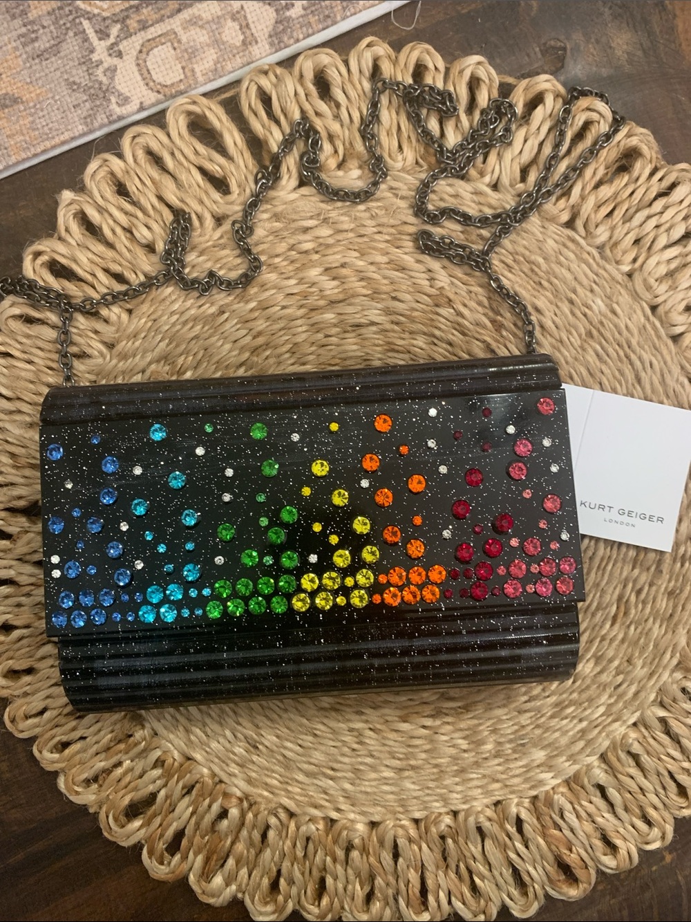 Kurt Geiger London Rainbow Crystal-Embellished Black Party Crossbody Clutch